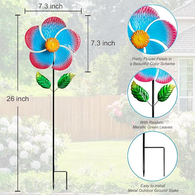 Garden Wind Spinners & Metal Wind Sculptures - Outdoor Windmill Decor with Vibrant Red & Blue, Yard Art for Patio Lawn Garden Ornament, Dynamic Wind Spinner Sculpture for Landscape 1Pack