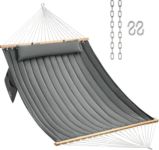 Double Quilted Fabric Hammock with Hardwood Spreader Bars and Pillow 450 LBS Capacity 2 Person Large Hammock for Outdoor Patio Backyard Poolside - Dark Grey