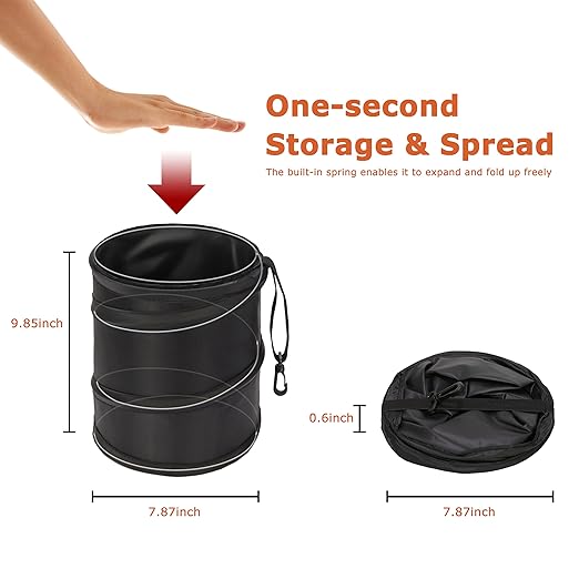 Ginsco 2 Gallons New Leakproof Car Trash Can, Compact Trash Can Pop-up Collapsible Hanging Car Trash Bin with Hook and Loop, Waterproof PEVA Liner Open-Top Garbage Can for Cars Home Office