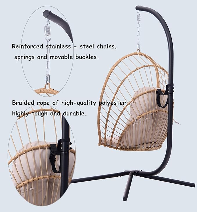 Indoor/Outdoor Egg Hanging Chair with Stand - Patio Wicker Swing Hammock Chair. 350lbs Capacity, Cushioned. Ideal for Bedroom, Balcony, Porch, Garden. Versatile Swing Chair for All Spaces