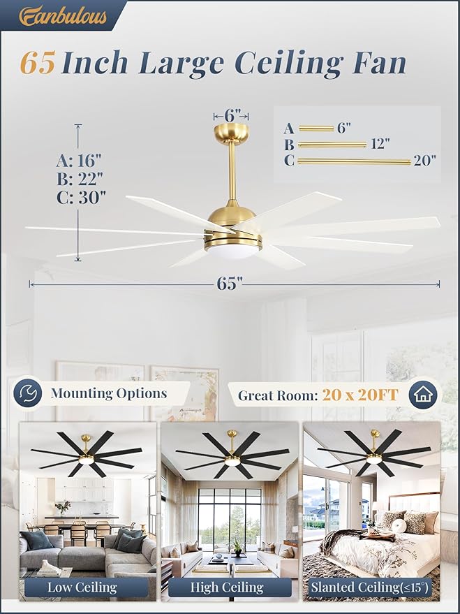 65 Inch Ceiling Fans with Lights and Remote, Gold Indoor/Outdoor Ceiling Fan with Quiet Reversible DC Motor, 6 Speeds, 3CCT, 8 Blades Large Ceiling Fan for Living Room Bedroom Patio