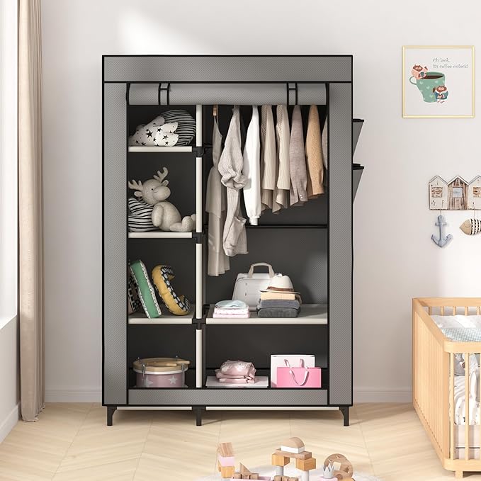 Calmootey Portable Closet Organizers, Clothing Storage, Wardrobe with 6 Shelves and Hanging Rod, Non-Woven Fabric Cover with 4 Side Pockets, Grey