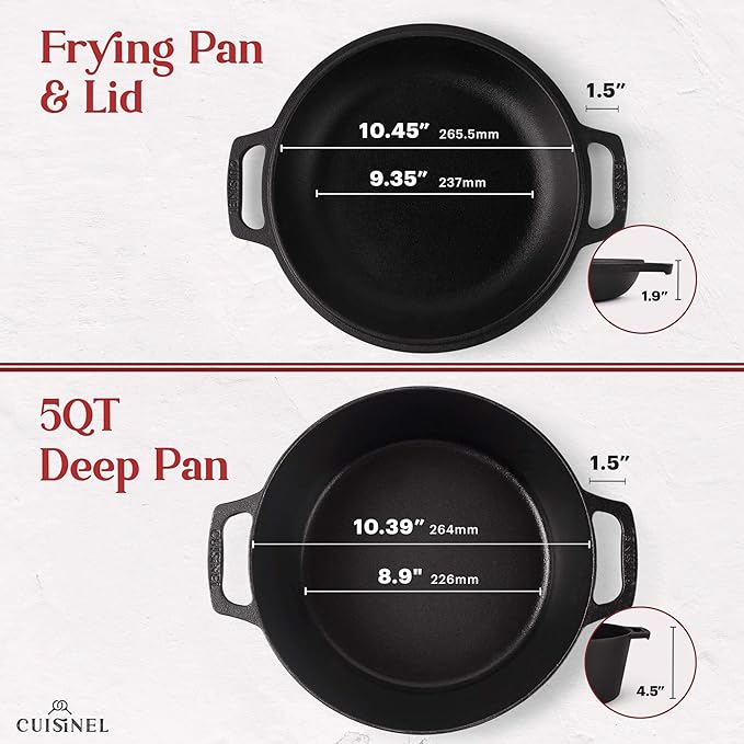 Cuisinel Cast Iron Dutch Oven - 5-Quart Deep Pot - Preseasoned 2-in-1 Multi-Cooker - Combo Lid Doubles as 10"-inch Skillet Frying Pan + Silicone Handle Covers + Scraper - Indoor/Outdoor Bread Cookware