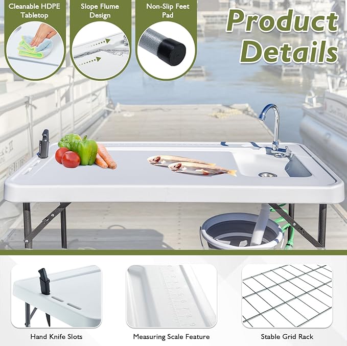 Folding Fish Cleaning Table Portable Camping Sink Table with Faucet Drainage Hose & Sprayer Outdoor Fish Fillet Cleaning Station with Grid Rack & Knife Groove for Picnic Fishing, Grey