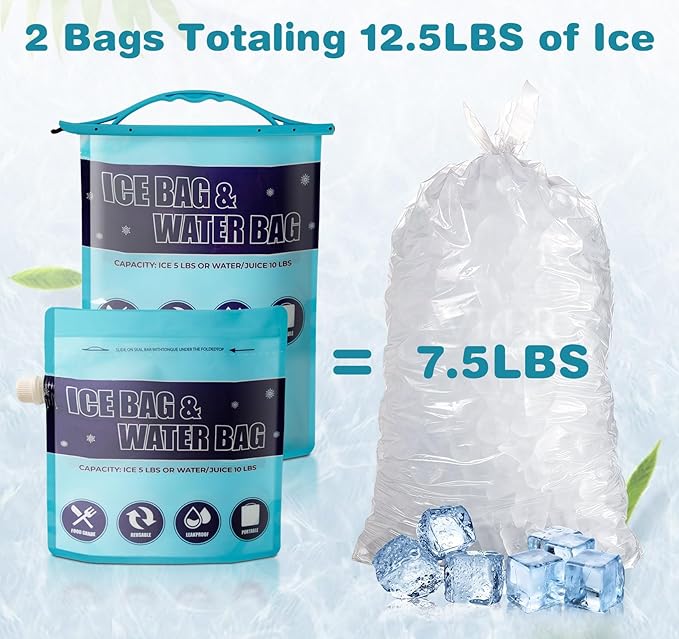Ice Bags for Cooler, Reusable Ice Cube Bag with Sealed Sliding Handle, Long Lasting Cold Dry Freezer Packs, 5lb & 2.5lb Leakproof Water Bag for Camping Hiking Fishing & Drinks(1 Large & 1 Medium)