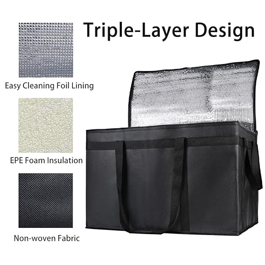 Bodaon 5-Pack Insulated Food Delivery Bag for Hot and Cold Meal, XXX-Large, Grocery Tote Insulation Bag for Catering, Pizza Warmer, Black