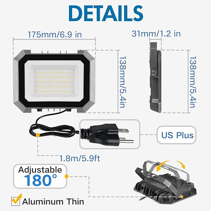 1 Pack LED Flood Lights Outdoor, 50W 5000LM Super Bright Floodlight Outside Work Light with 5.9FT Plug, IP65 Waterproof 6000K Outdoor LED Flood Light for Garage, Yard, Lawn, Garden