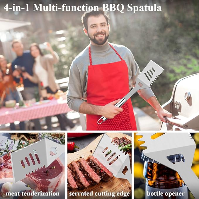 ROMANTICIST 25pcs Extra Thick BBQ Grill Accessories, Fathers Day Grilling Gifts Set for Men Dad, Heavy Duty Grill Tools Utensils Kit with Spatula, Tongs in Aluminum Case for Birthday Silver