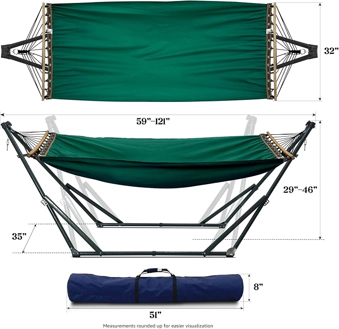 Tranquillo Sturdy Steel Hammock Stand with Premium Cotton Canvas, 600 lbs Capacity Folding, Portable Hammock Stand 30-Second Fold Unfold Spacious Design, (Canvas - Emerald Green)