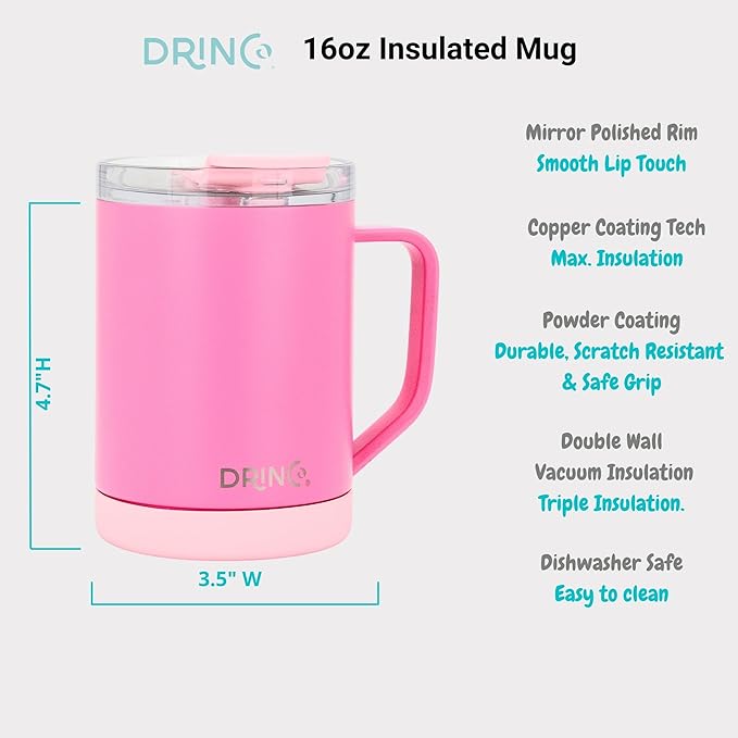 Drinco 16 oz Coffee Mug, Vacuum Insulated Camping Mug with Lid, Double Wall Stainless Steel Travel Mug Insulated Tumblers Coffee Mugs Coffee Cups Tea Cup (16oz Island Pink)