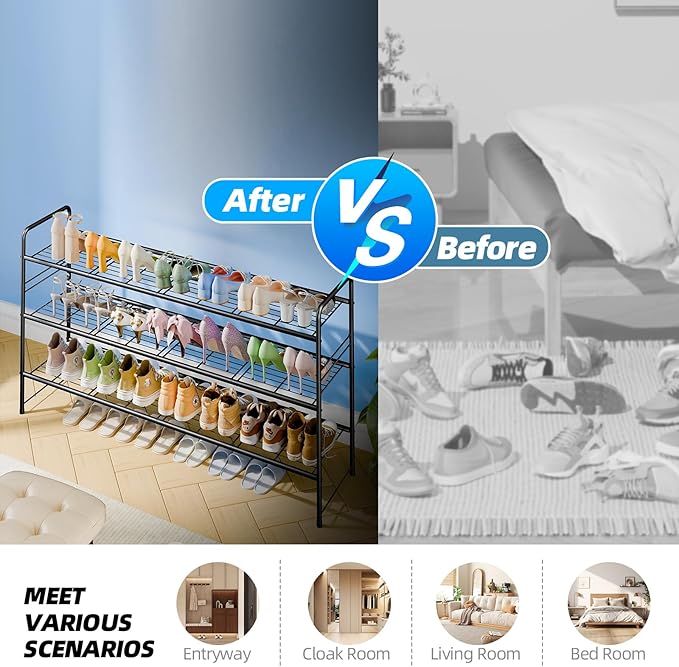 3 Tier Shoe Rack for Closet, 46.5 Inch Extra Long Shoe Storage Organizer for Shelves, Heavy Duty Metal, Easy Assembly, Black
