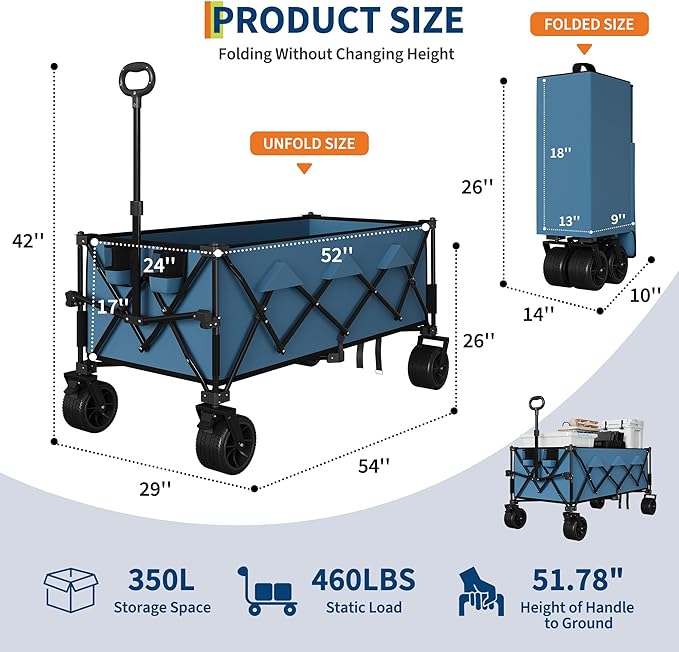 Heavy Duty Foldable Wagon for Beach, Extra Large Collapsible Foldable Wagon for Camping, All Terrain Beach Wagons Extended with Cup Holders for Sand