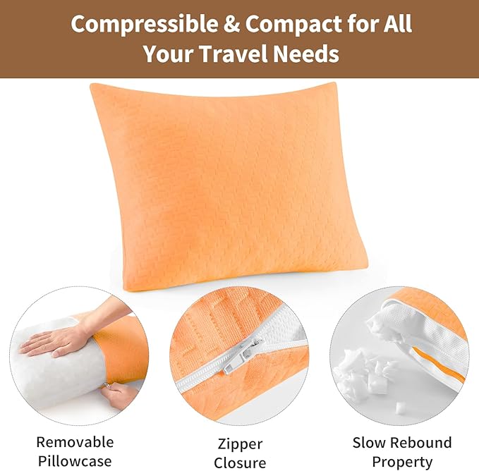 Small Shredded Memory Foam Pillow, Camping Pillow Travel Pillow - Compressible Medium Firm, Breathable Cover, Ideal Backpacking Hiking, Airplane and Car (Apricot Yellow, M)