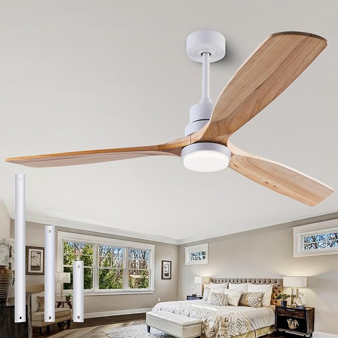56" Wooden Ceiling Fans with Lighted Remote Control, Indoor Outdoor Wooden Ceiling Fan, Outdoor Modern Ceiling Fan with 3 Fan Blades for Patio, Living Room, Bedroom, Farmhouse etc.…