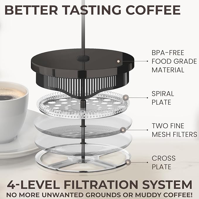 Cafe Du Chateau Stainless Steel French Press Coffee Maker - 34oz Insulated Coffee Press with 4-Level Filtration, BPA Free, Durable Glass, Great for Tea