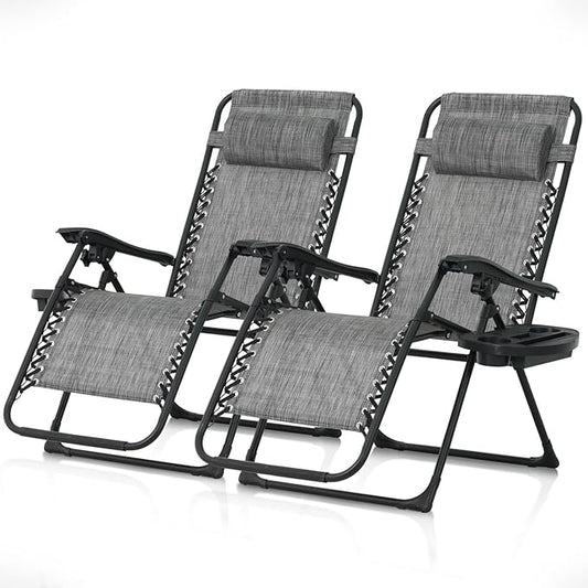 CAPHAUS Set of 2 Grey Zero Gravity Chair, Zero Gravity Recliner, Zero Gravity Lounge Chair, Anti-Gravity Chair for Indoor & Outdoor, Folding Reclining Chair w/Side Tray, Adjustable Pillow, Grey