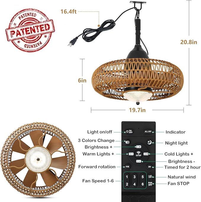 Airposta Waterproof Outdoor Ceiling Fan with Lights Remote Control, Wet Rated Gazebo Fan with 3 Color Temperatures&Dimmable LED Light, Boho Rattan Plug in Ceiling Fan for Indoor Bedroom/Outdoor Patios