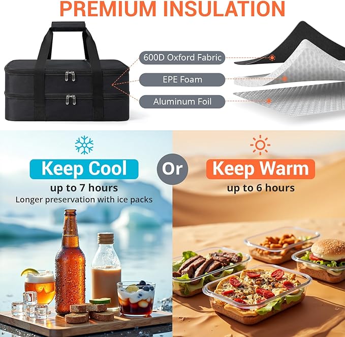 Double Insulated Casserole Carrier for Hot or Cold Food,Pie Carrier Bag Lunch Tote for Potluck Parties/Picnic/Cookouts, Fits 9"x13" Baking Dish, Black