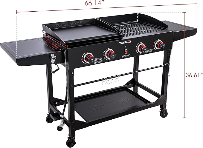 Royal Gourmet GD402 4-Burner Propane Gas Grill and Griddle Combo with Foldable Legs, 48,000 BTUs, Portable Griddle Grill Combo for Outdoor Cooking While Camping or Tailgating, Black