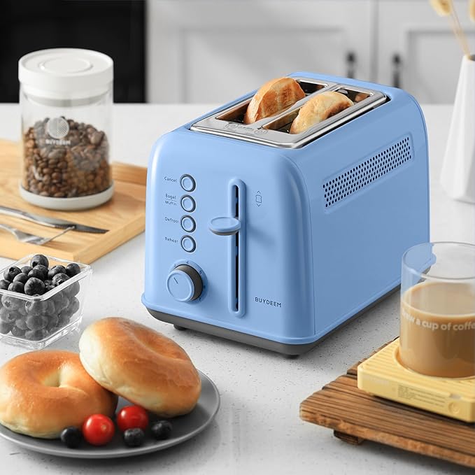 BUYDEEM DT620 2-Slice Toaster, Extra Wide Slots, Retro Stainless Steel with High Lift Lever, Bagel and Muffin Function, Removal Crumb Tray, 7-Shade Settings,Blue