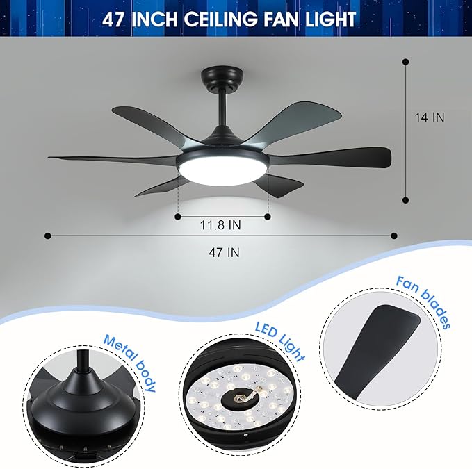 Ceiling Fans with Lights-47 Low Profile Ceiling Fan with Light and Remote/APP Control,Flush Mount,DC Reversible,LED Dimmable Black Ceiling Fans for Bedroom,Indoor/Outdoor Patio Use