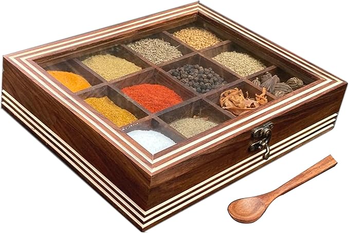 DEALS - ABHANDICRAFTS Wood Spice Box for Kitchen Table Top Masala Box with 12 Compartment and Spoon Multipurpose storage Box for Spices, Herbs (AB-MASALABOX-2)
