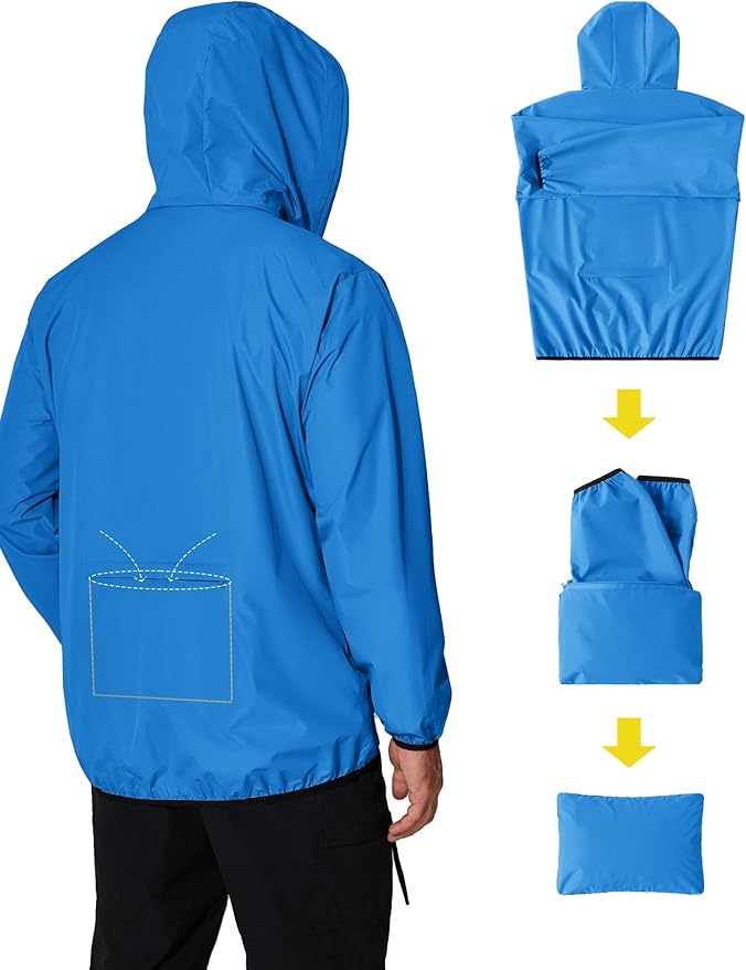 COOFANDY Men's Packable Rain Jacket Lightweight Waterproof Raincoat with Hood Travel Hiking Golf Windbreaker