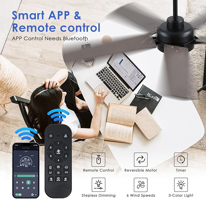 Ceiling Fans with Lights - 52 Inch Black Low Profile Ceiling Fan with Remote Control, 3CCT Dimmable Lighting, 6 Speeds Reversible, Modern Ceiling Fan Light for Indoor/Outdoor Use