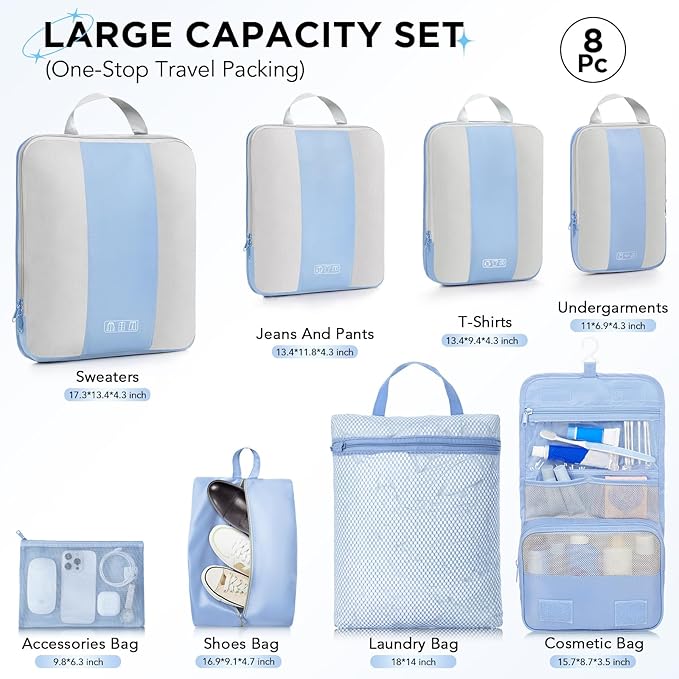8 Set Compression Packing Cubes for Travel Essentials,Compressible Expandable Packing Cubes for Suitcase,OlarHike Luggage Organizer Bags for Travel,Handy Helper for Organizing Clothes(Light Blue)