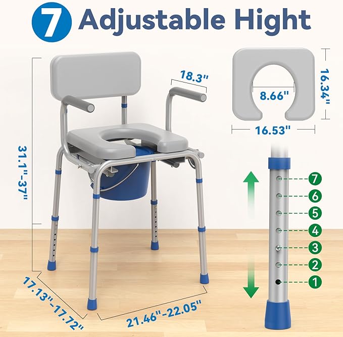 Drop Arm Bedside Commode, Commode with Padded Seat and Backrest, 500lbs Capacity, 5.81QT Removable Bucket, Adjustable Height Portable Toilet for Adults, Gray