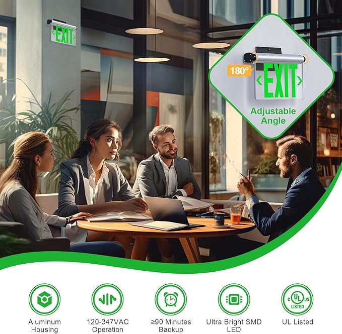 Led Edge-Lit Exit Sign,Brushed Aluminum Housing Single-Sided Clear Rotating Acrylic Panel,Hardwired Emergency Exit Signs with Battery Backup, 120V-347VAC,UL Listed,Top/Side/Wall Mount(1 Pack)