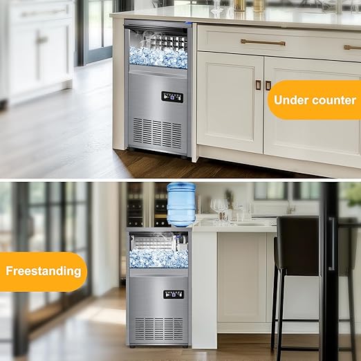 Commercial Ice Maker Machine with 40 lbs Storage Bin, 140 lbs/24H Built in Ice Machine with 2-Water Inlet Options, Stainless Steel Under Counter Freestanding Ice Maker for Home, Bar, and Restaurant