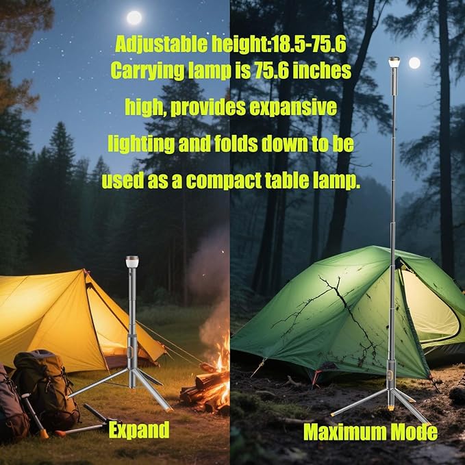 Telescopic Collapsible Camping Light - 800 Lumens, IP65 Waterproof, Remote Control, Magnetic Base, USB Rechargeable - Adjustable Height 47-192cm for Outdoor Hiking, Camping & Emergency Use