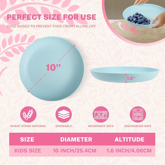 Homienly Wheat Straw Plates, Salad Plates 10 inch Set of 8, Reusable Plates for Kitchen, Kids, Camping, Picnic, Party, Microwave and Dishwasher Safe Plate Set for Kids - Light Blue