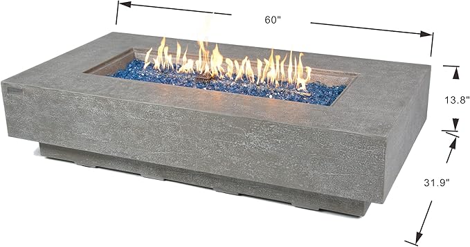 Elementi+ | Riviera Gas Fire Pit Cast Concrete 60" Rectangular Fire Table, Outdoor Fire Pit Electronic Ignition | Canvas Cover, Fire Glass and Burner Lid Included | Light Gray | Propane Gas