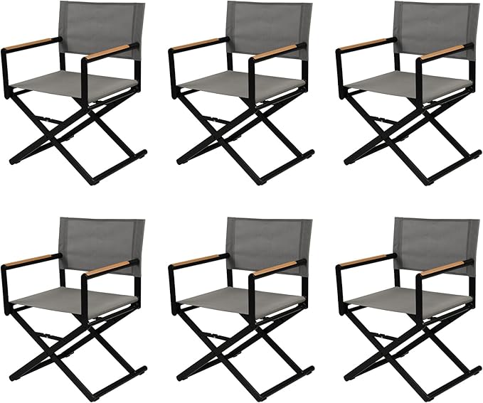 Grand patio Extra-Wide 6-Pack Directors Chairs, Folding Dining Chair Set of 6 with Sling, Woodgrain Armrests, Outdoor, Gray