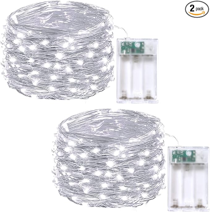 2-Pack Fairy Lights Battery Operated with Timer, Waterproof 16FT 50 LED String Lights Indoor Outdoor, Cuttable Starry Fairy Lights for Christmas Home Bedroom Wedding DIY Centerpiece Decor (Cool White)