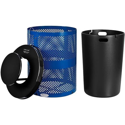 Global Industrial 32 Gallon Outdoor Perforated Steel Round Trash Can with Rain Bonnet Lid, Plastic Liner and Anchor Kit Included, 23-1/2" Diameter x 40-1/2"H, Blue