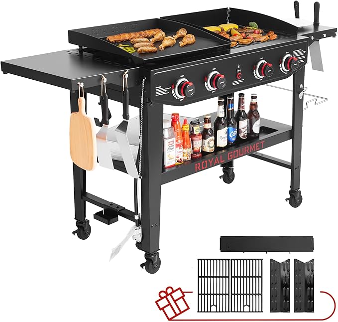 Royal Gourmet GD405A 4 Burner Propane Gas Grill and Griddle Combo with Grilling Gear Set, Griddle Grill Combo with Foldable Side Tables for Outdoor Cooking While Camping or Tailgating, Black