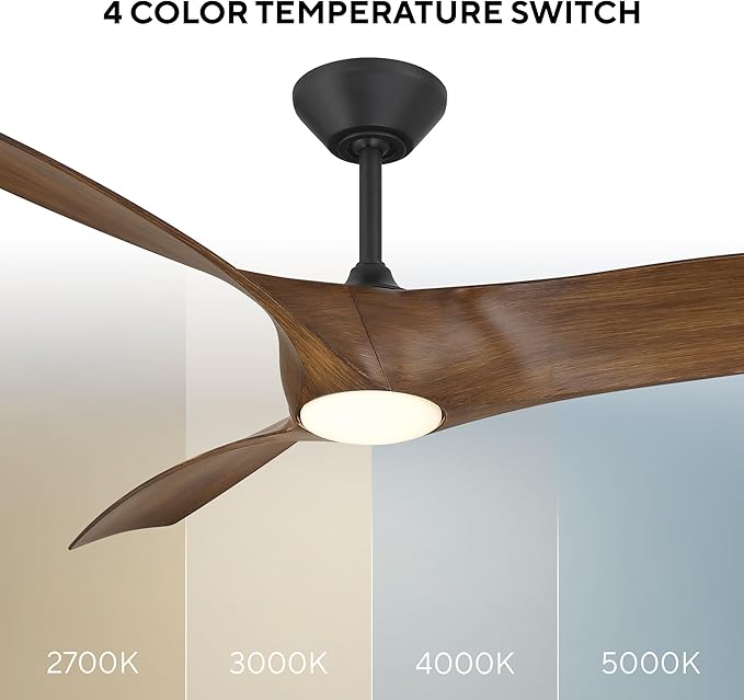 Zephyr Indoor or Outdoor 3-Blade 72in Smart Ceiling Fan in Matte Black Distressed Koa with Adjustable CCT 2700-3000-4000-5000K LED Light Kit and Remote Control works with Alexa and iOS or Android App