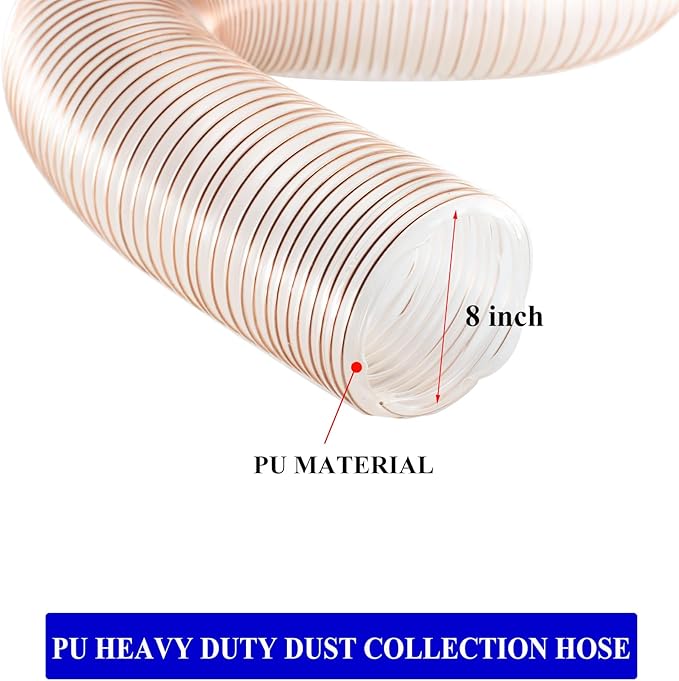 JUYO VONSAN PU Dust Collection Hose 8 inch 10ft Heavy Duty Flex Collector Hose Clear Dust Debris With Clamps (Polyurethane, 8'' X 10ft)