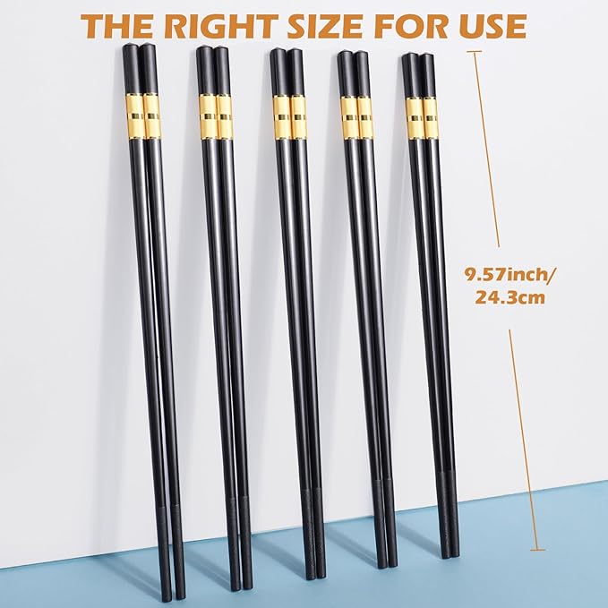 GLAMFIELDS 5 Pairs Premium Chopsticks Reusable Dishwasher Safe 9.5 Inch Fiberglass Chop Sticks Gift Set Non Slip Black+Gold