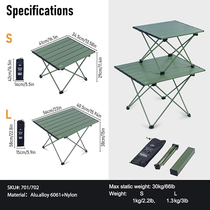 iClimb Ultralight Compact Camping Folding Table with Carry Bag (Green - L)