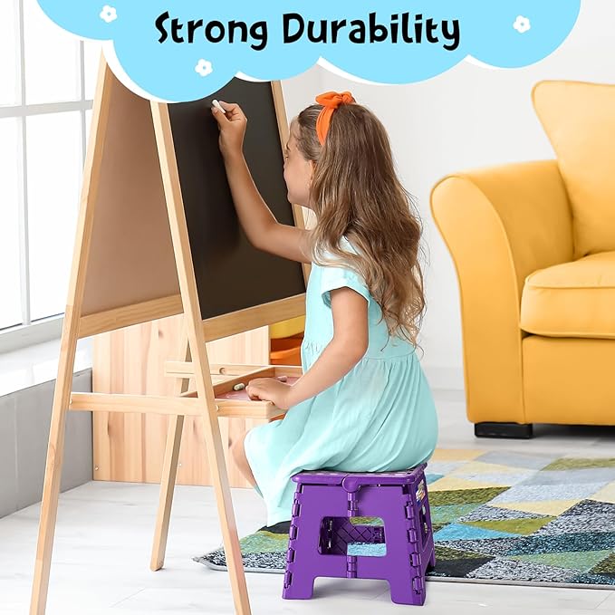 ACKO Folding Step Stool 9 Inch 300 lb Capacity, Plastic Foldable Step Stools for Kids and Adults, Folding Stools Suitable for Kitchen, Stepping Stool with Handle Purple 1PC