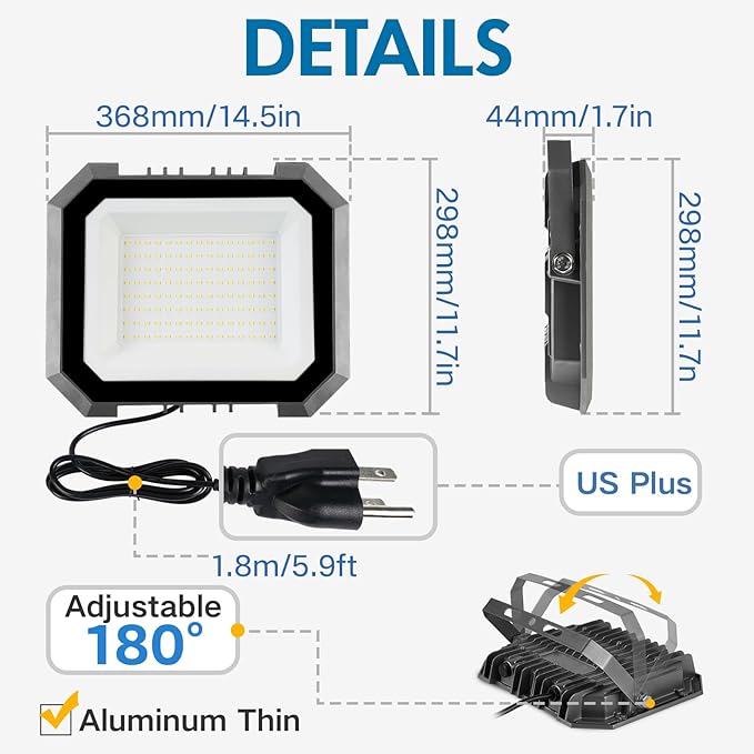 2 Pack LED Flood Lights Outdoor, 200W 20000LM Super Bright Floodlight Outside Work Light with 5.9FT Plug, IP65 Waterproof 6000K Outdoor LED Flood Light for Garage, Yard, Lawn, Garden