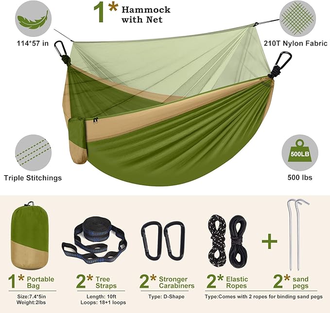Camping Hammock with Net,Portable Lightweight Double Hammocks with Tree Straps and Solid D-Shape Carabiners,Parachute Nylon Hammock for Backpacking Beach Backyard Patio Hiking Green&Khaki
