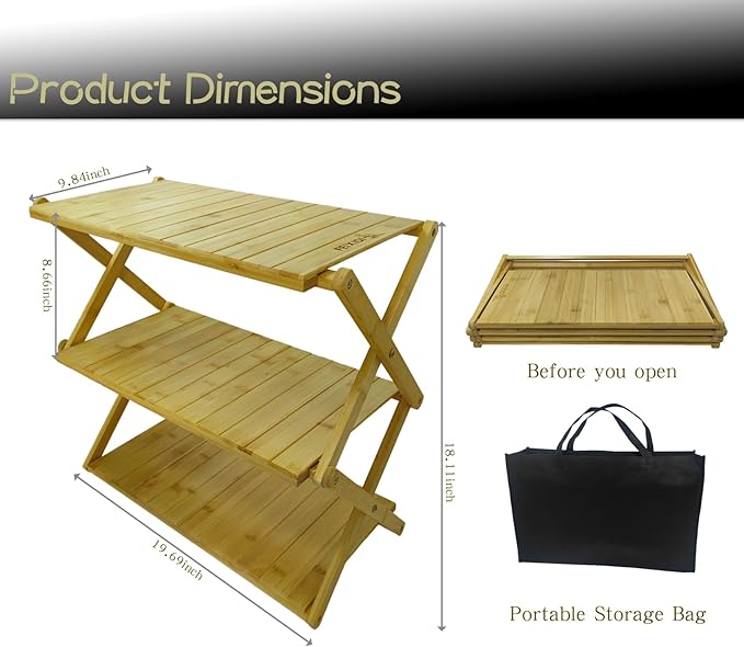 Foldable Bamboo Shelf, Folding Shoe Rack, Flower Rack, Camping Rack, No Installation Required, Portable, Space Saving, Multi-Purpose Storage Rack (Natural, 3Tiers)