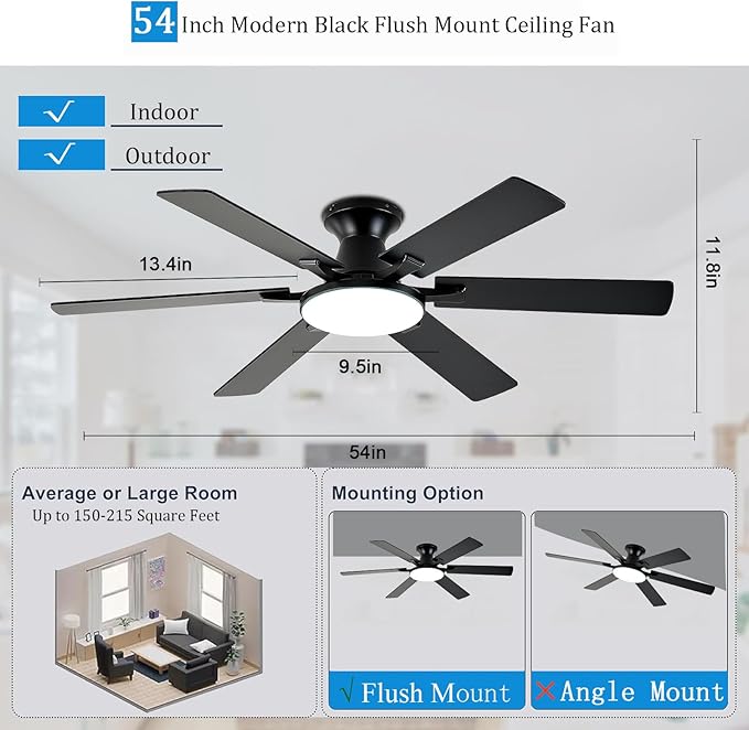 Ceiling Fans with Lights,54 Inch Low Profile Ceiling Fan with Light and Remote Control,6 Speeds/6 Blade,Flush Mount,LED Dimmable DC Reversible Modern, Black Ceiling Fan for Bedroom/Living Room