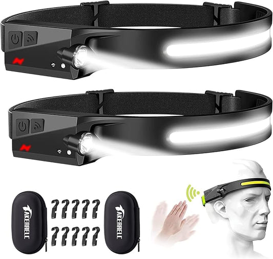 Headlamp, Rechargeable LED Headlamp with Motion Sensor, Up to 1200 lumens and 10 Hours Runtime, 10 Clips and 2 Cases, Waterproof Camping Gear for Hiking, Fishing, Cycling, Repairing