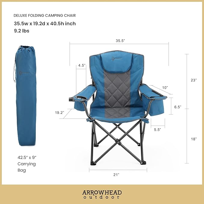 ARROWHEAD OUTDOOR Portable Folding Camping Quad Chair w/ 6-Can Cooler, Cup & Wine Glass Holders, Heavy-Duty Carrying Bag, Padded Armrests, Headrest & Seat, Supports up to 550lbs, USA-Based Support